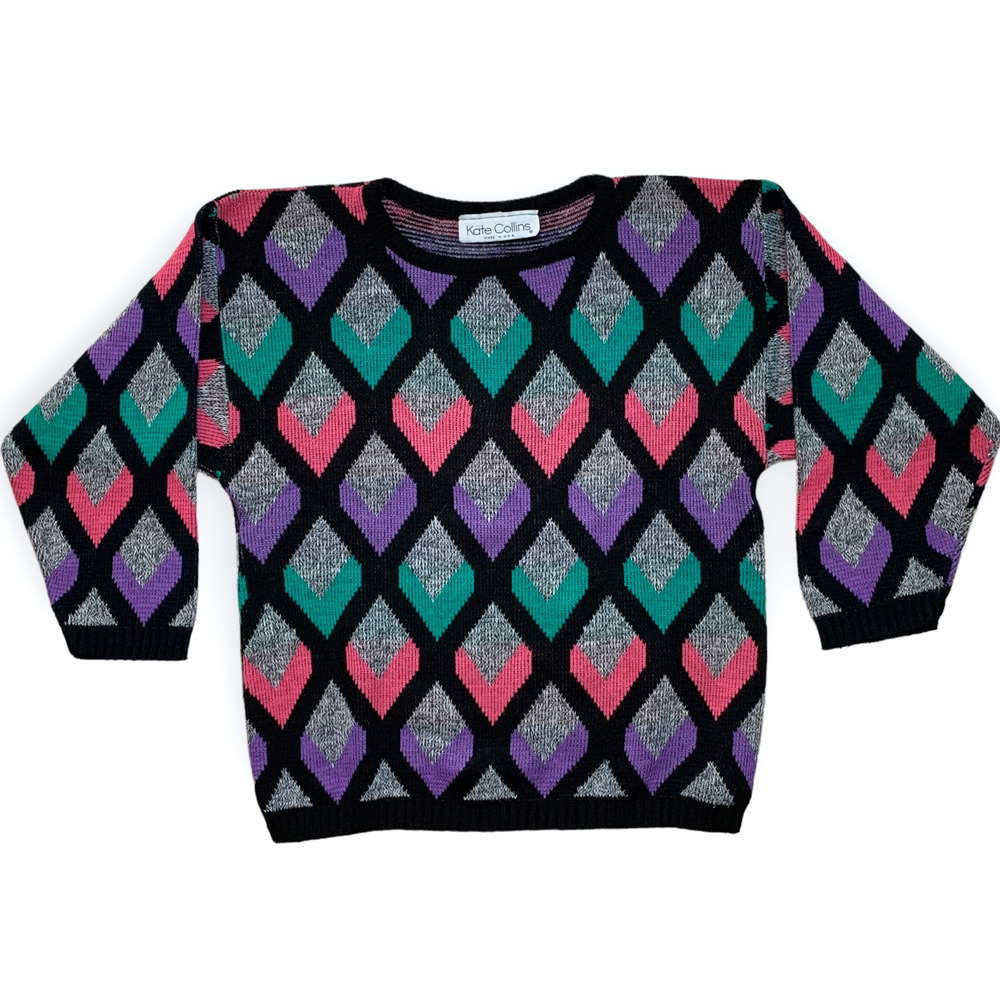 Vintage 80s Kate Collins Diamond Acrylic Sweater- L / Teal, Purple, Black, Gray